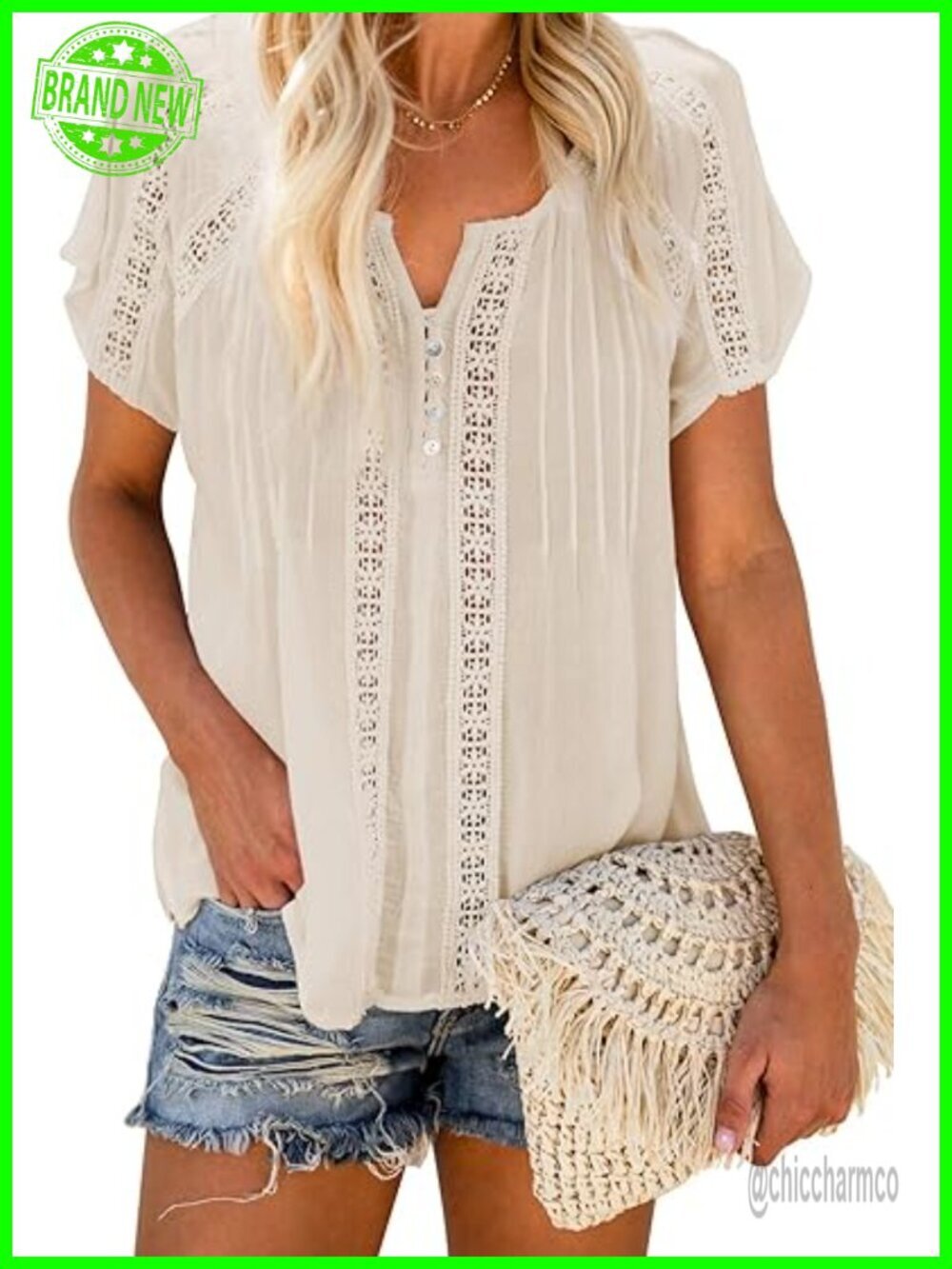 V Neck Lace Crochet Eyelet Top Short Sleeve Casual Blouse